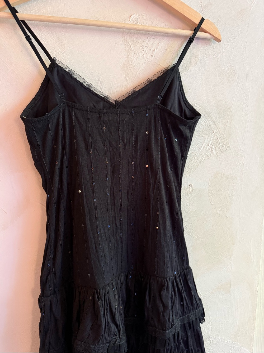 ICHI | Y2K Black Sequin Slip Dress | Size S | Tiered Ruffle Mesh Hem - Picture 8 of 11